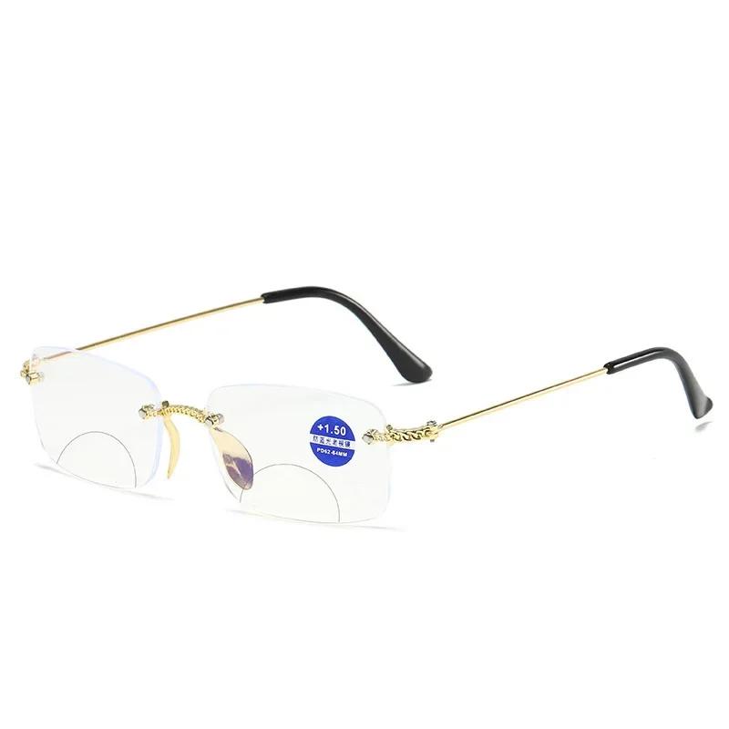 New Reading Glasses Anti Blue Light Double Light Presbyopic Glasses For Far Near Function Glasses Rimless Trimming Flat Lens