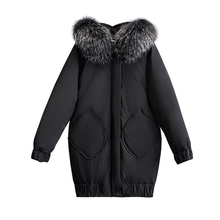 Women's Autumn and Winter Padded Thickened Plus Size Padded Medium Length Removable Hair Collar Zip Loose Warm Comfortable Casual Outerwear