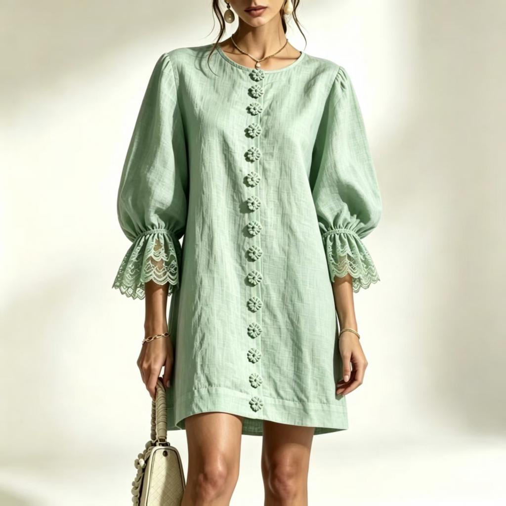 Women's Puff Sleeve Lace Trim Casual Straight Skirt for Everyday Wear