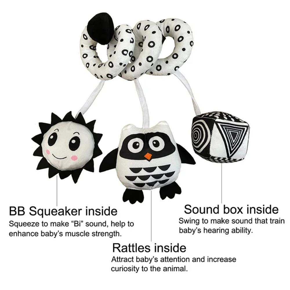 Jouets suspendus Siège auto Berceau Mobile Bébé Spiral Peluche Lit Poussette Barre Jouet Couleur Noir et Blanc avec Hochet Sifflet BB