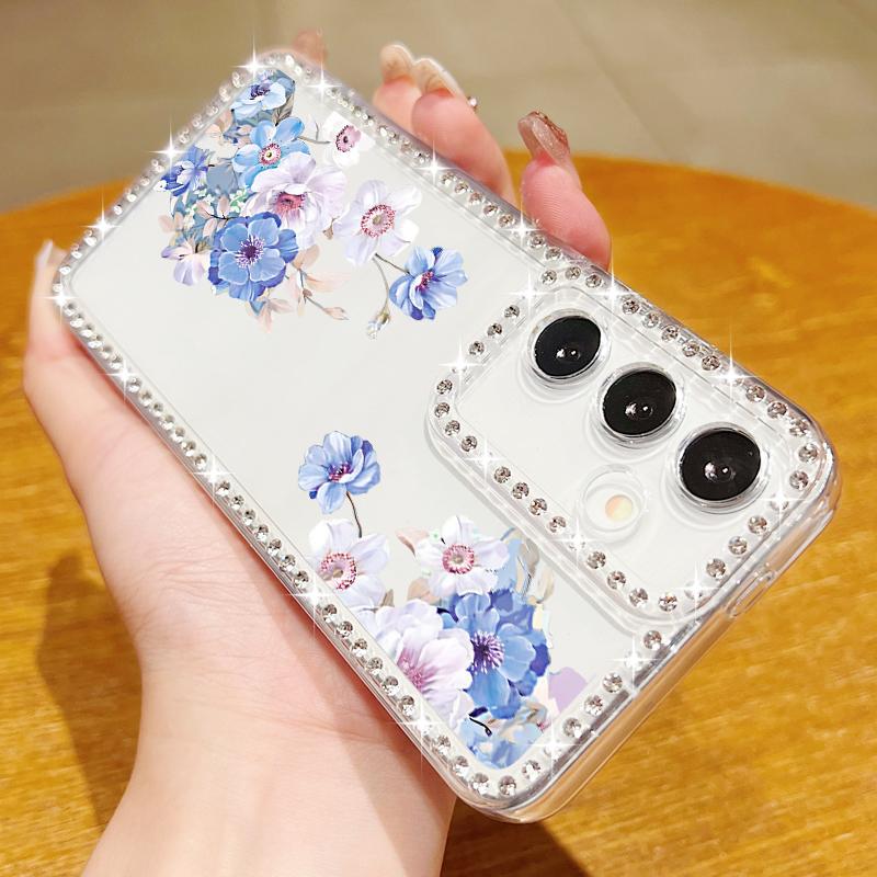 Silver Rose Flowers Diamond Case For Samsung Galaxy S25 Edge S24 Ultra S23 S22 S21 FE A54 A15 A35 A55 A16 A26 A36 A56 5G Capa