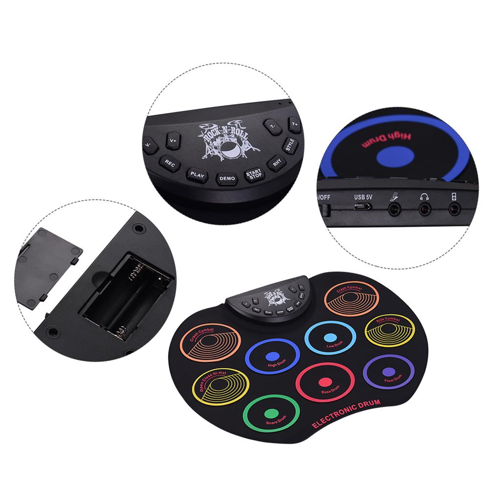 Roll-Up Drum Set Electronic Drum Kit 9 Silicon Drum Pads USB/Battery Powered with Drumsticks Foot Pedals for Children Kids