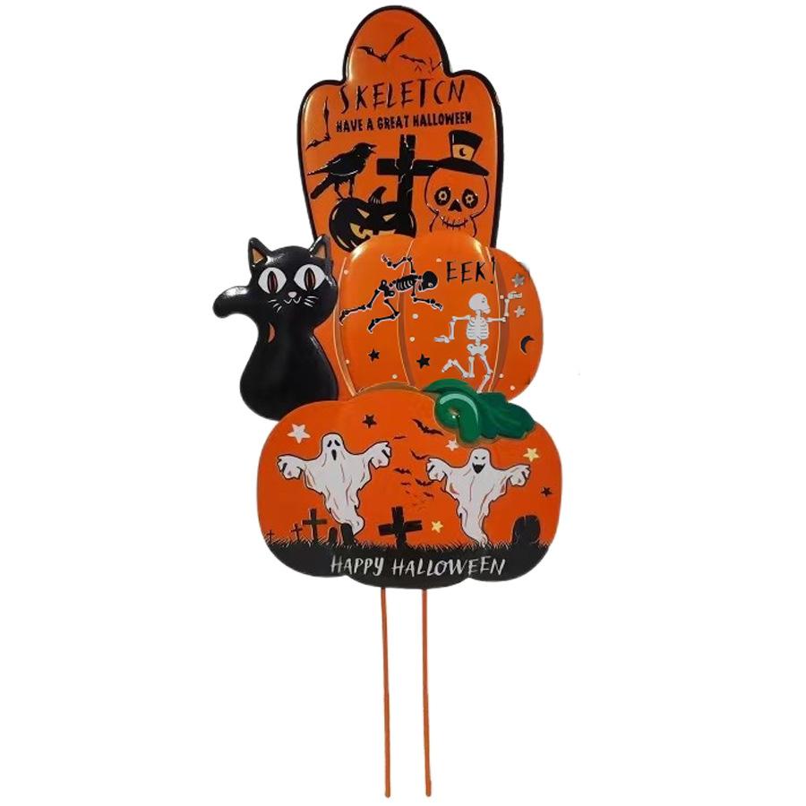 Metal Halloween Pumpkin Yard Stake Outdoor Lawn Decoration Garden Art Iron Halloween Pumpkin Sign with Ghost Skeleton Cat Design