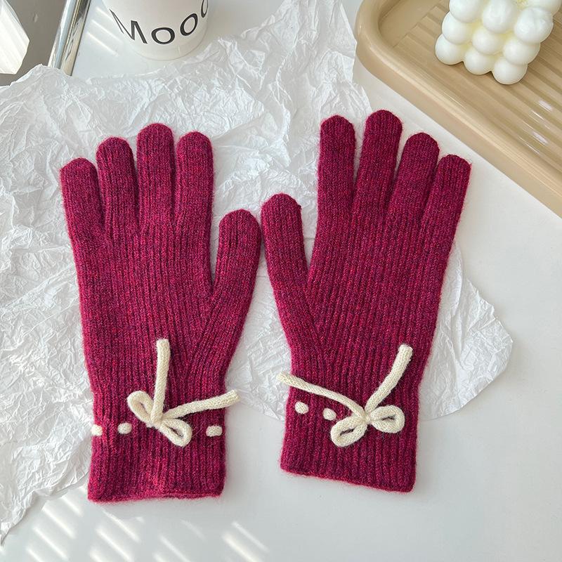 Autumn and Winter New Solid Color Cute Bow Korean Style Sweet Split Finger Touch Screen Student Cold Proof Warm Gloves