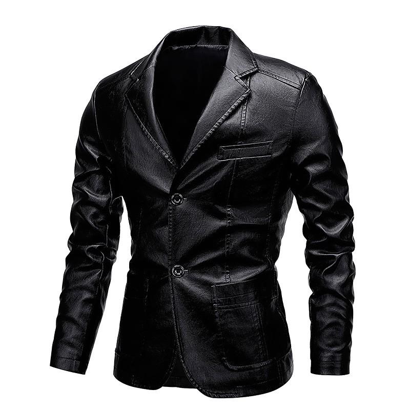 Mens PU Leather Jacket With Notched Lapel Casual Slim Fit Blazer Style Outerwear