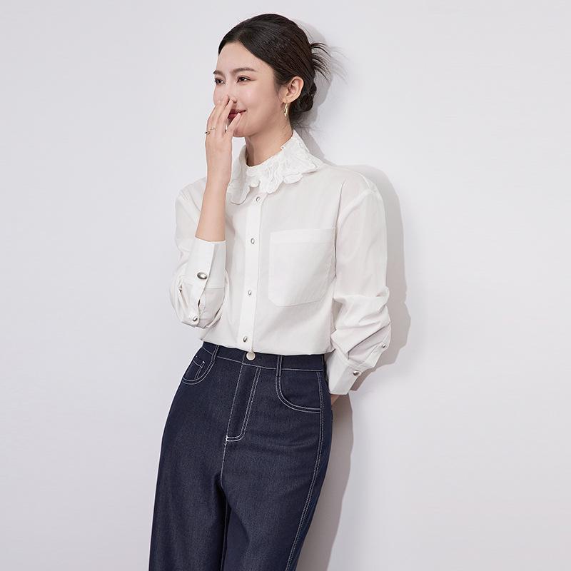 

French Fashion Embroidered Cotton Long-Sleeve Women s Shirt with Turn-Down Collar Medium белый