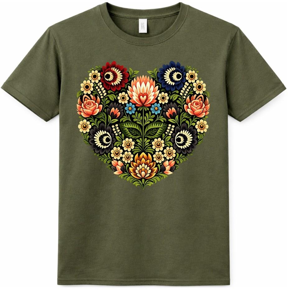 Folk Art Heart Graphic T-Shirt Botanical Floral Flower Design Gift Tee