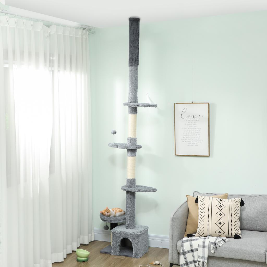 Floor-to-Ceiling Cat Tree, Height-Adjustable 225-255 Cm, Multiple Levels, Plush Covering, Grey