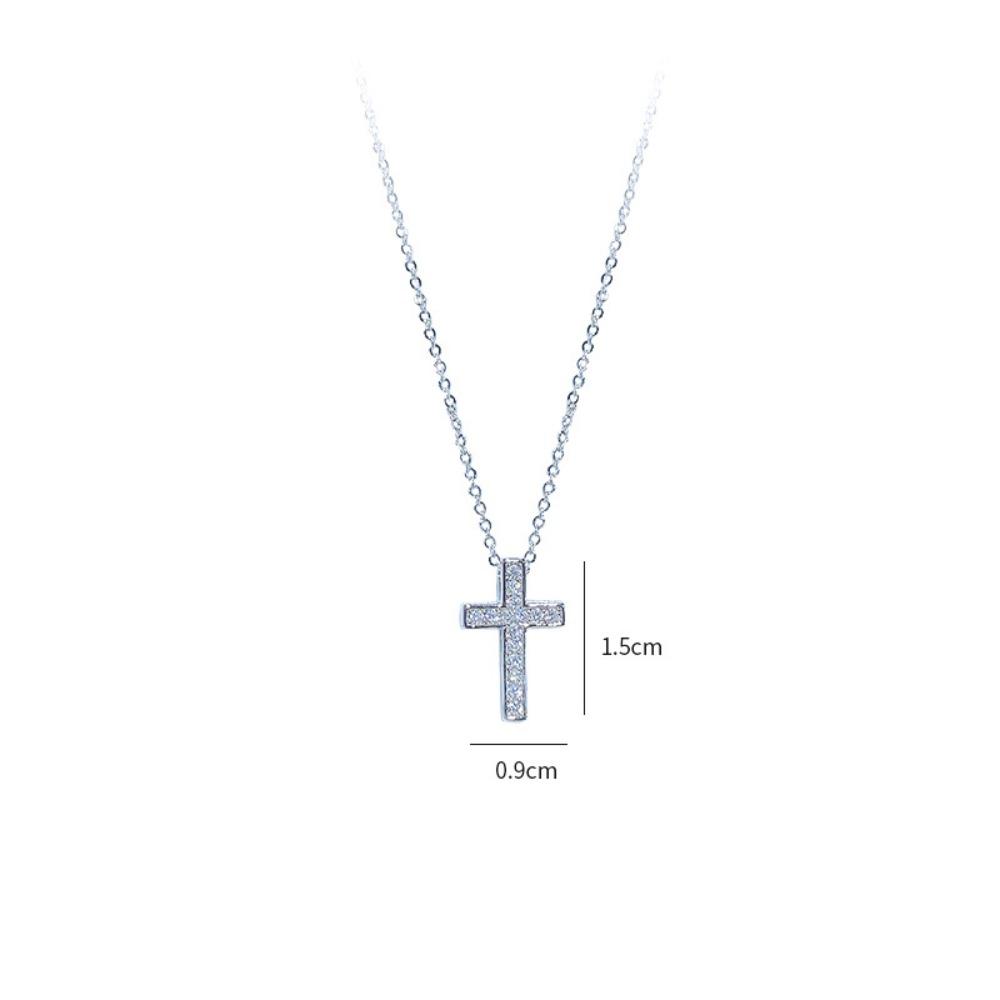 Korean Style Zircon Cross Pendant Necklace - Elegant Silver Plated Shimmering Crucifix Clavicle Chain for Women Minimalist Daily Jewelry