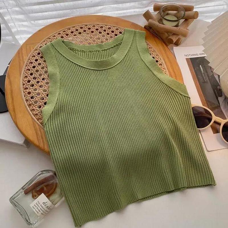 Green Knit Tank Top Sleeveless Short Women's Crop Top Solid Color Inner Wear Outer Skinny Short Vest Korean Fashion