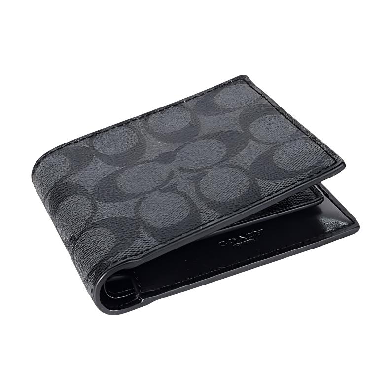 Neues COACH PVC Portemonnaie Herren Schwarz & Grau F74993-CQBK