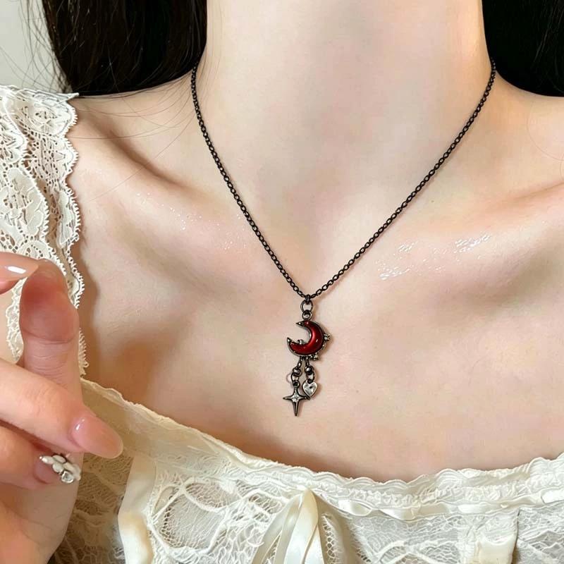 Goth Punk Nieten Roter Mond Metallkette Quaste Anhänger Halsband Choker Halsketten Für Frauen Männer Hip Hop Y2K Grunge Schmuck Accessoires