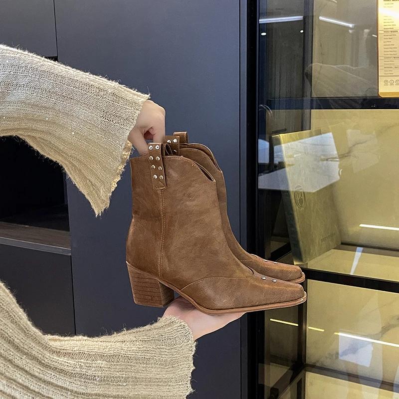 

Женские ковбойские сапоги в стиле вестерн, модные длинные сапоги с острым носком, элегантные туфли на толстом каблуке, зимняя съемная женская обувь 40