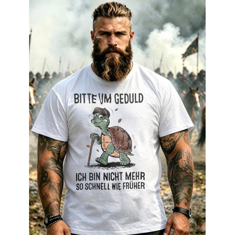 Men'S T-Shirt Black Turtle With Stick And German Text For Casual Wear, PLUS SIZE