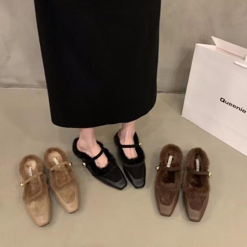 Fashion Hot Selling Shallow Mouth Square Toe Shoe Woman 2025 Elegant Casual Female Sneaker Flats Loafers Fur New Winter On Heels Stretch