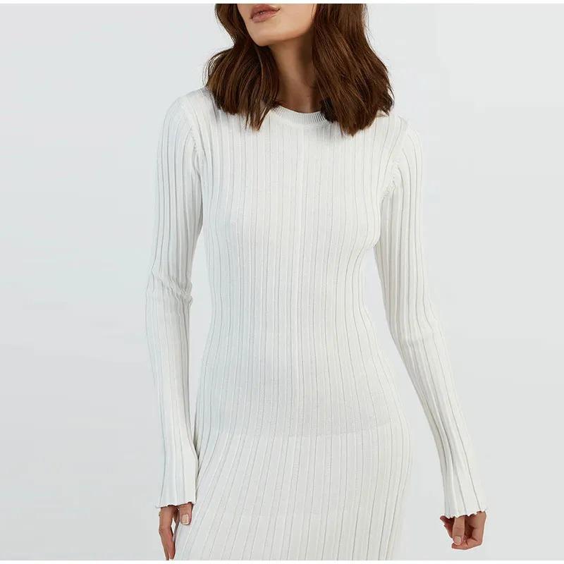 Elegant Solid Ribbed Knitted Maxi Dress Women Slim Casual Waistband Round Neck Long Sleeve Lace Up A-line Dresses 2023 Autumn Lady Streetwear Robe