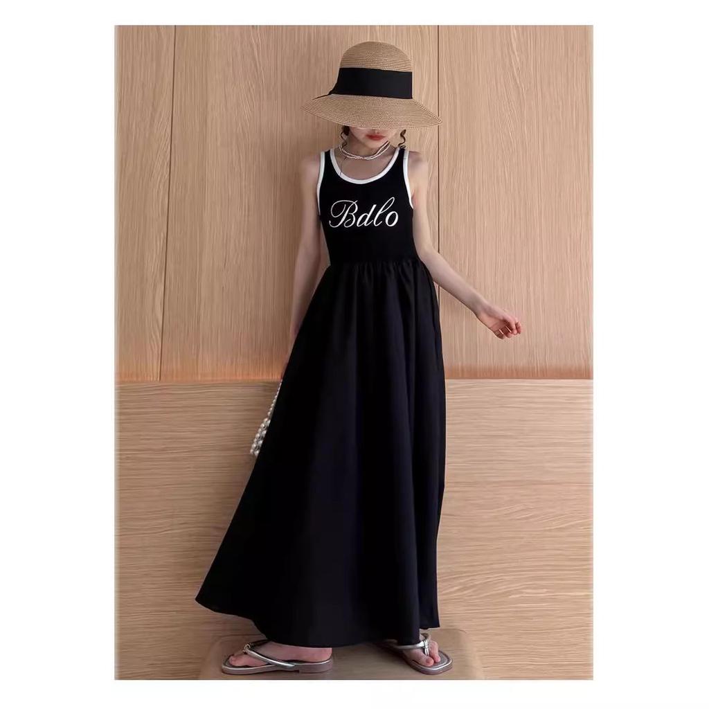 Korean Style Fashionable Solid Color Vest Dress for Kids - Summer Princess Letter Dress