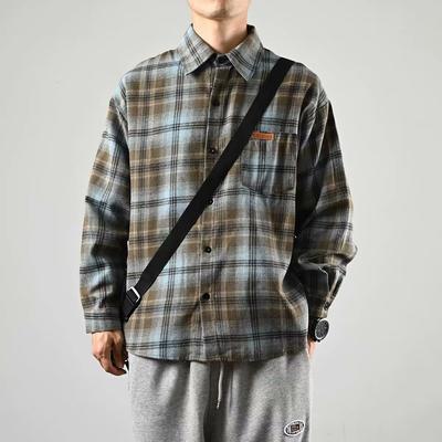 Japanese Style Retro Plaid Shirt Women's Lapel Long-Sleeved Shirt Cashmere Short Coat Couple's Loose Version Spring and Autumn Fashion