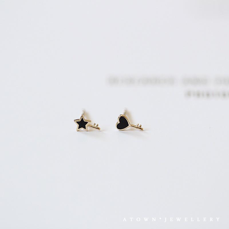 Super Mini Asymmetrical Black Key S925 Sterling Silver 14K Gold Heart Star Student Ear Studs 925 Silver