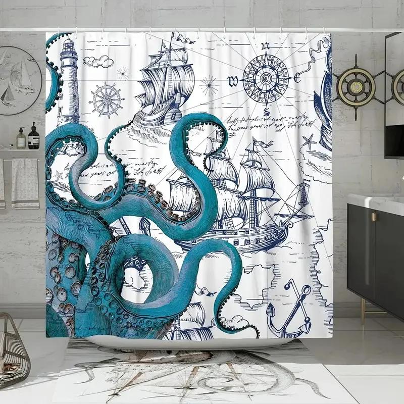 Vintage Nautical Octopus Waterproof Shower Curtain Navy Blue Mermaid Fun Ocean Sea Monster Bath Shower Curtain Anchorage Map