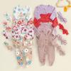 Citgeett Autumn Infant Baby Girls Outfit Long Sleeve Solid Flower Footies Jumpsuit Headband Fall Clothes