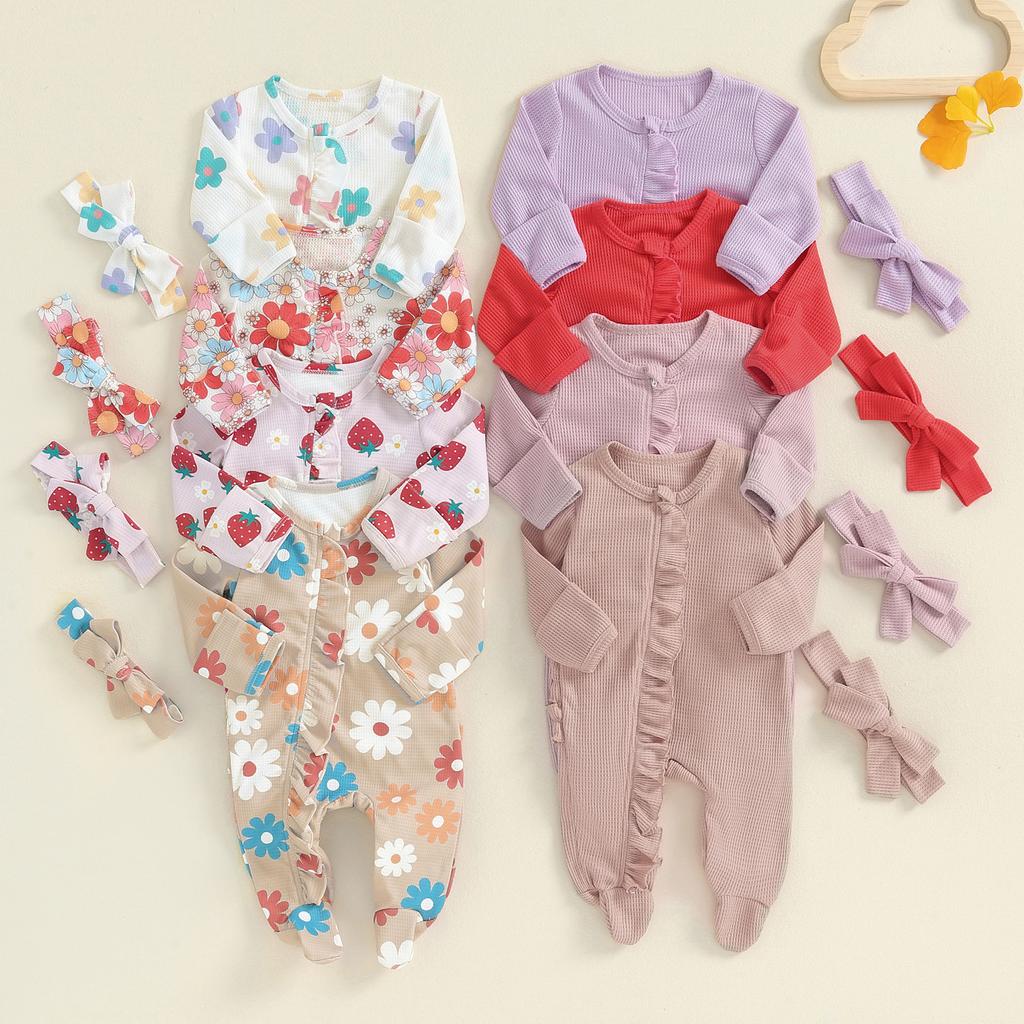Citgeett Autumn Infant Baby Girls Outfit Long Sleeve Solid Flower Footies Jumpsuit Headband Fall Clothes