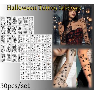 30/60pcs Halloween Pumpkin Spider Tattoo Stickers Party Realistic Disposable NecK Face Body Decor Fake Temporary Tattoo Unisex