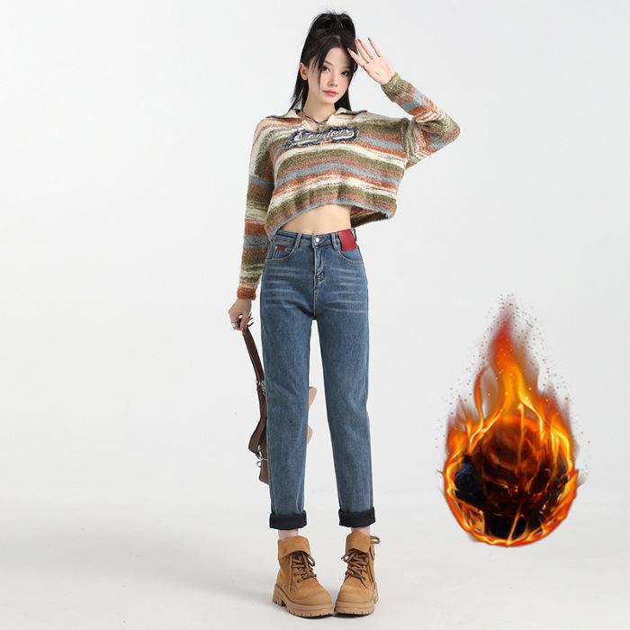 Retro Blue Plus Velvet Harem Jeans for Women, High Waist Loose and Slim Straight Large Size Carrot Dad Pants