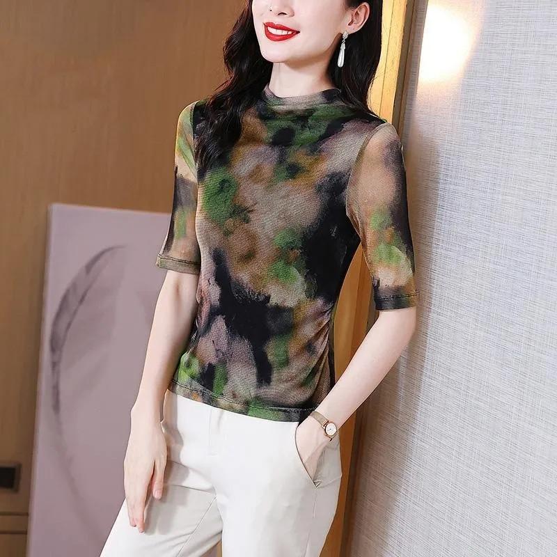 

abstract print mesh mock neck elbow sleeve top for women XL