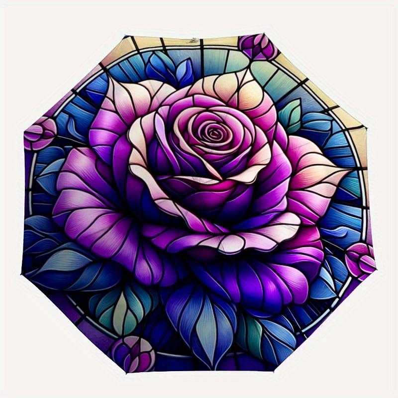 

1pc Stained Glass Rosert Automatic Open/close Folding Umbrella, Compact Portable Travel Umbrella, Perfect Birthday/Christmas, Cute Umbrella,
