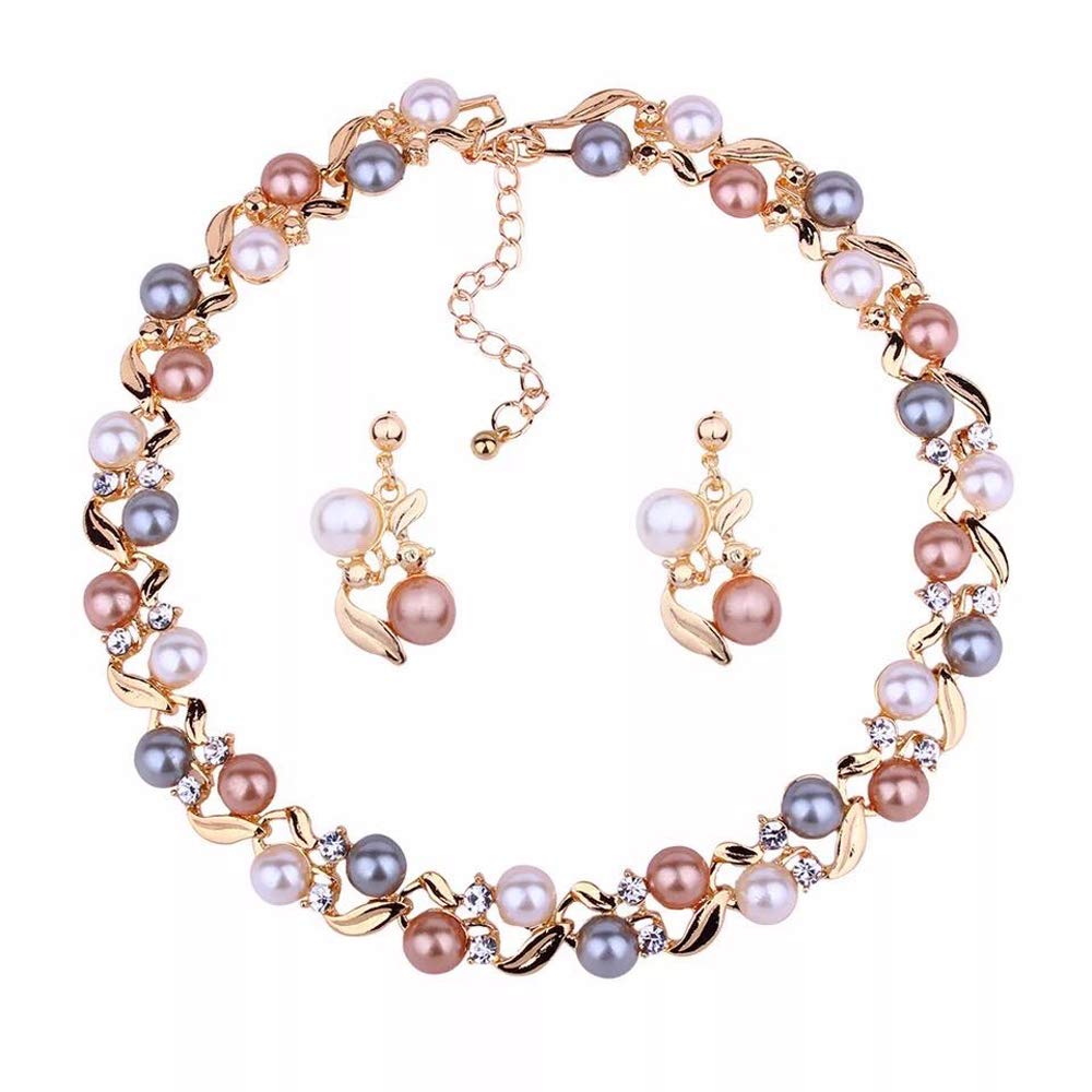 Fashion 18k Gold Plated Pearl Necklace Jewellery Set with Fancy Earrings for Girls and Women