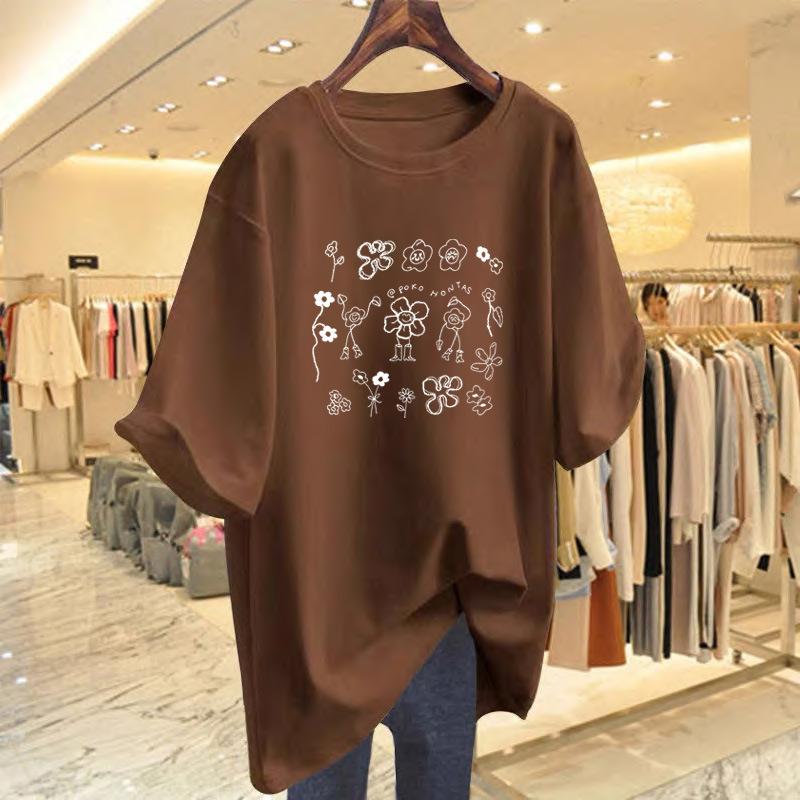 

Korean fashion chic artistic sense printing round neck front shoulder loose top women s 2025 summer new cotton t-shirt XXXL