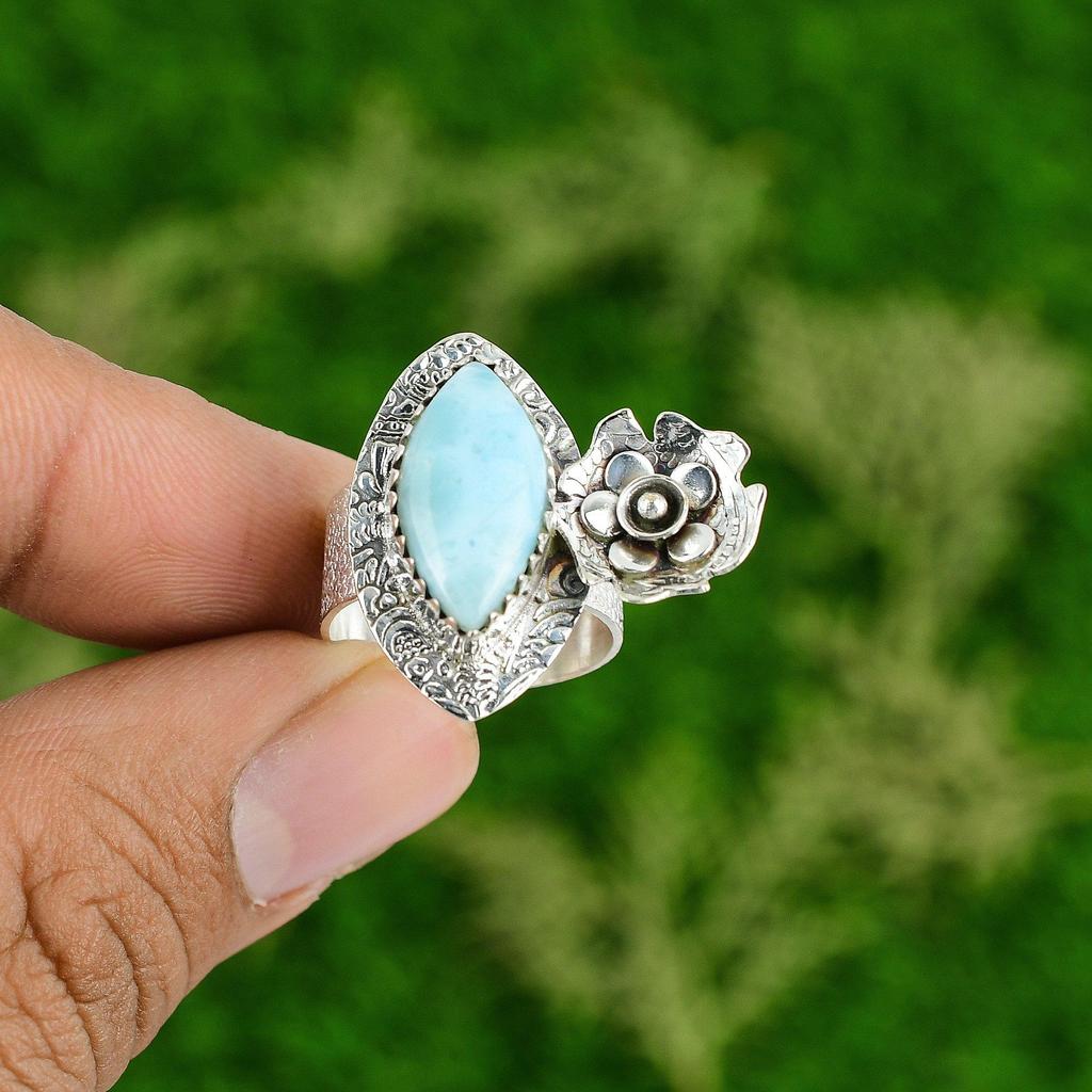 Birthday Gift For Her Natural Larimar Promise Flower Ring Size 7 925 Silver