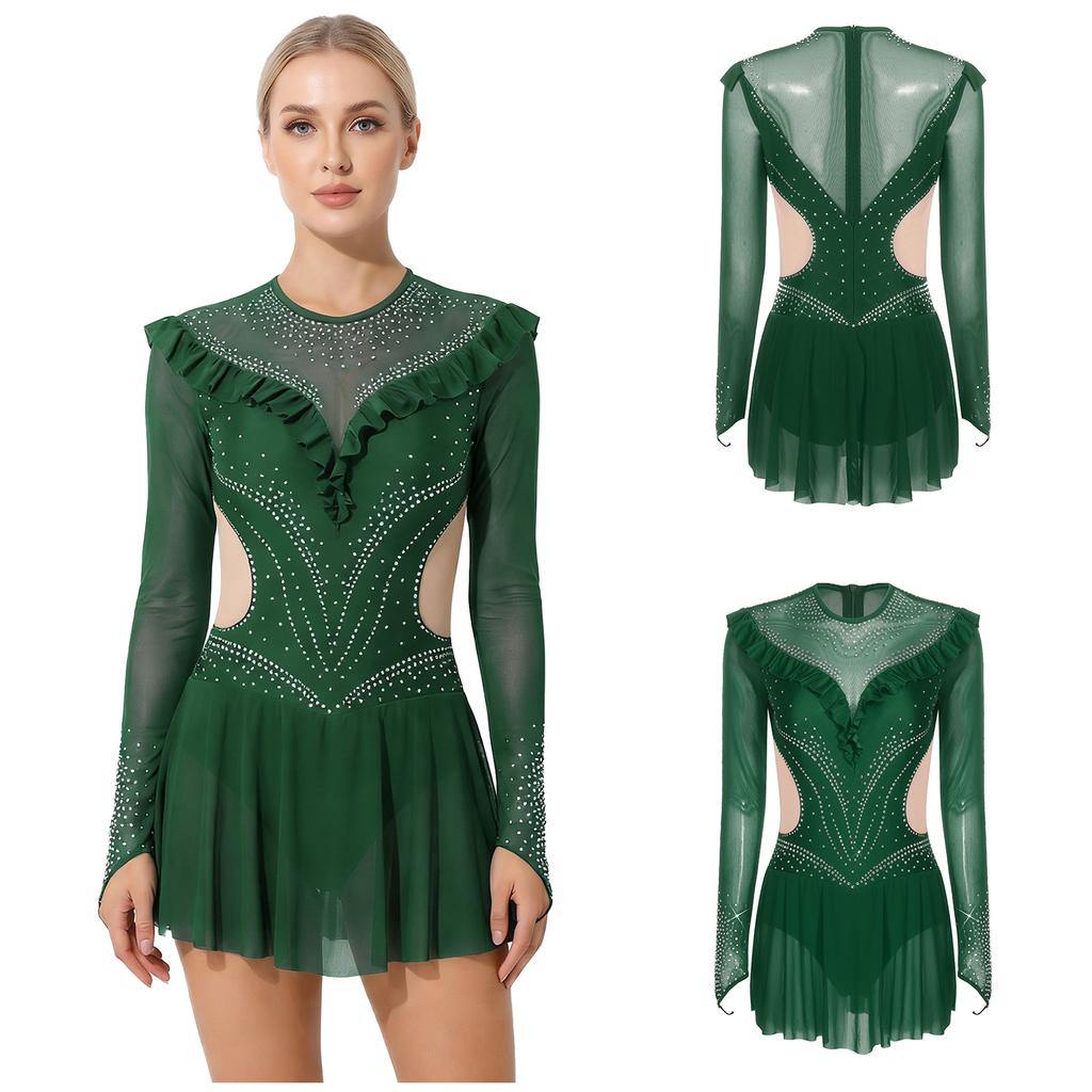 Dámský síťovaný trikot s kamínky Dlouhý rukáv Volánkové lemy Síťovaná sukně Body Šaty Jumpsuit pro krasobruslení