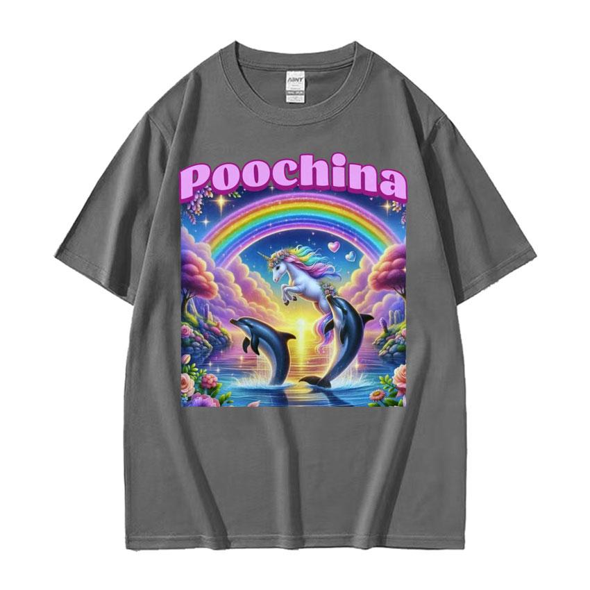 Poochina Brain Rot Ironic Funny Meme Tee Shirt for Men Harajuku Hip Hop Streetwear T-shirt Unisex Oversized Cotton T-shirts Tops