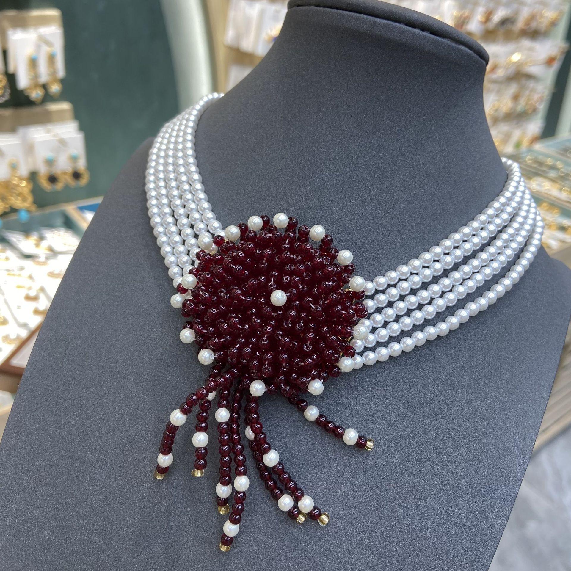 Beaded Flower Jewelry Retro Multi-Layer Flower Glazed Necklace Ear Clips Neck Chain Versatile Set