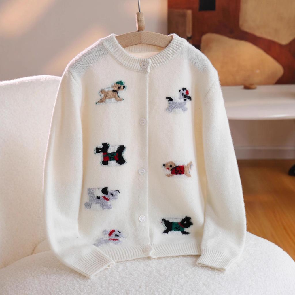 Kinder-Cardigan aus 100% reiner Wolle, gestrickt, mit Cartoon-Motiv, koreanischer Stil, Rundhals-Pullover für Jungen und Mädchen