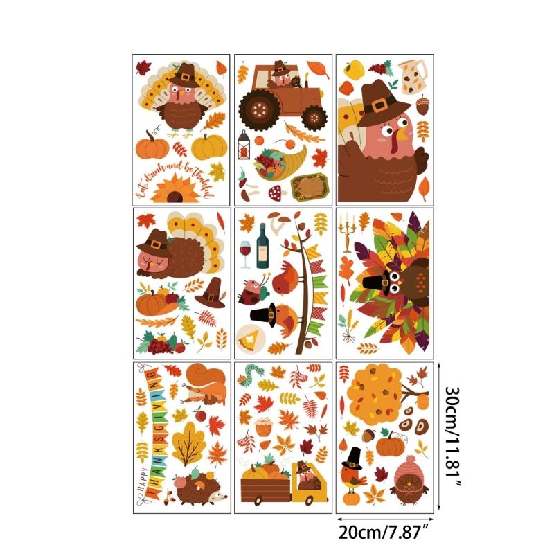 9 Sheets Thanksgiving Day Adhesive Electrostatic Stickers Decorations Decal Maple Leaf Larch Fruits Party Supplies