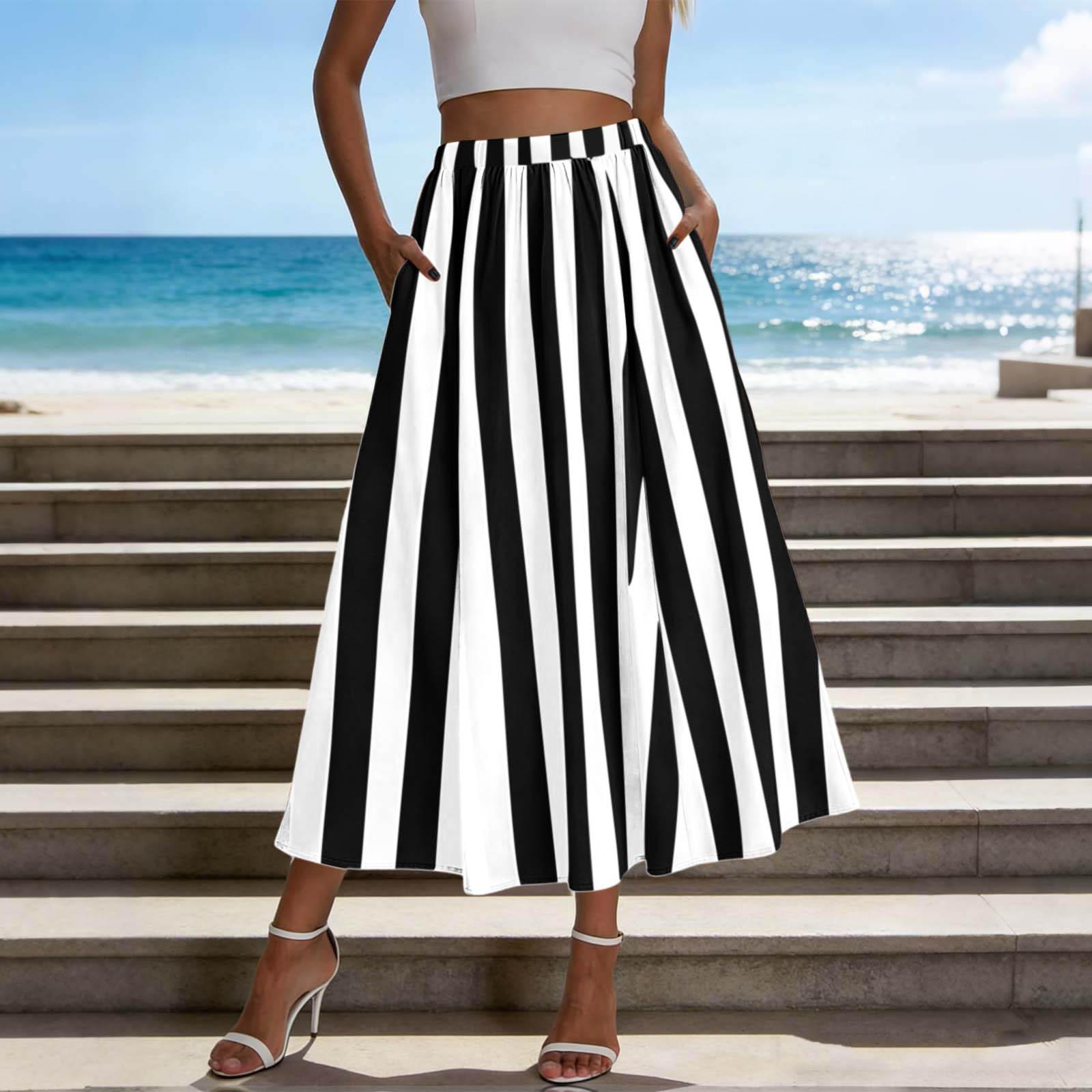 

Women’s High Waist Wide Leg Striped Palazzo Pants Elastic Waistband Loose Fit Flowy Long Trousers with Pockets for Casual and Everyday Wear M чёрный
