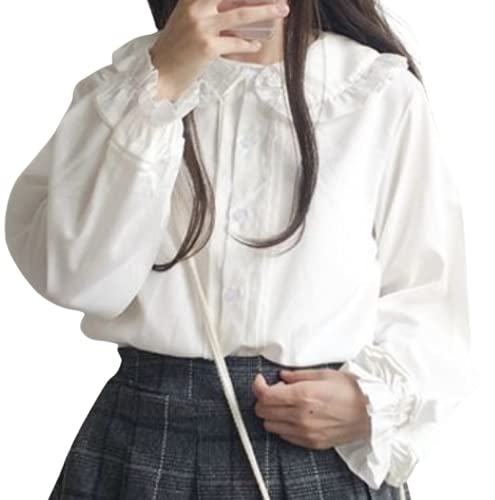 [Lady Lazy] Lolita Long-Sleeve Blouse Top with Round Collar and Frills, Women s, White (M)
