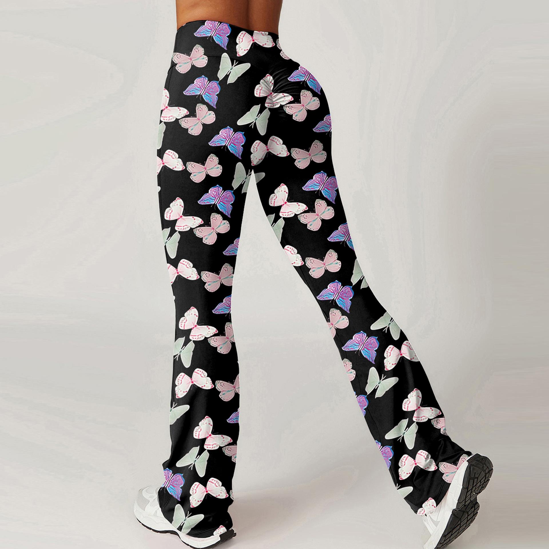 

Штаны для йоги с высокой талией и принтом «бабочка», спортивные штаны со складками и подтяжкой бедер, для тренировок, бега, фитнеса, йоги, расклешенные штаны для женщин XL