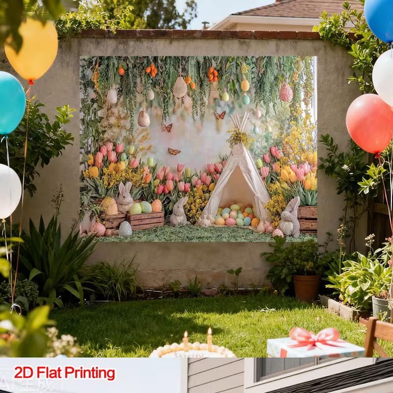 2D Easter Bunny Tapestry, Spring Garden with Colorful Eggs Backdrop