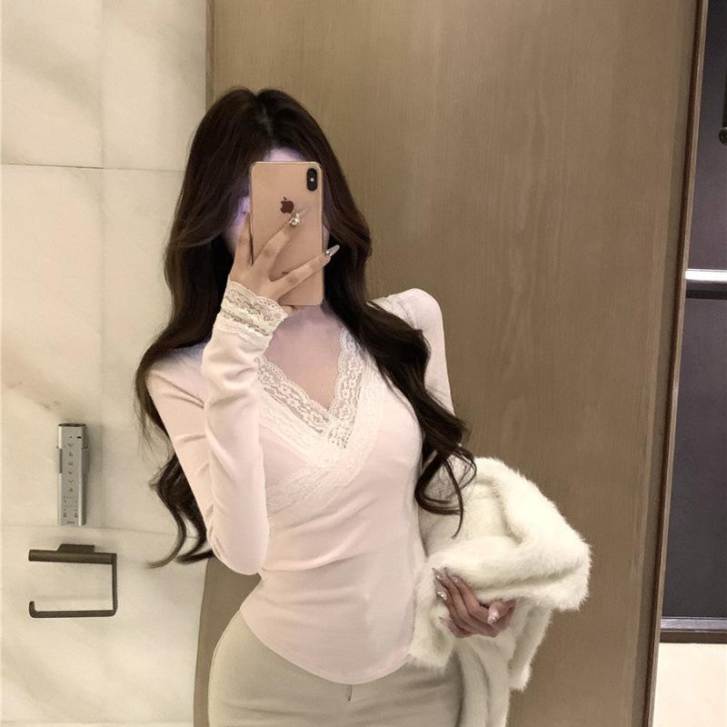 Lace Trim Sexy Slim Fit Long Sleeve Women's Top