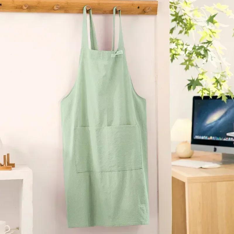Women Simple Apron Denim Apron Cotton and Linen Solid Color Blouse Kitchen Florist Coffee Shop Apron