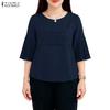 ZANZEA Women Casual Round Neck Solid Color 3/4 Sleeve Blouse