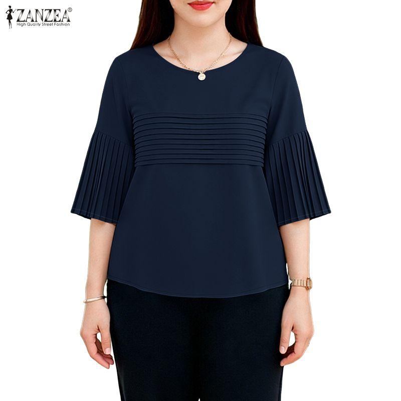 ZANZEA Women Casual Round Neck Solid Color 3/4 Sleeve Blouse