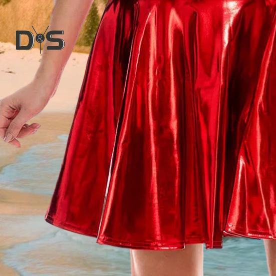Women Skater Skirt High-Waisted Shiny Metallic Patent Faux Leather Texture Party Skirt Slimming Versatile Mini Skirt