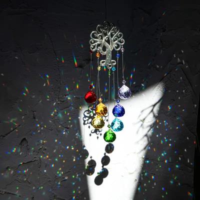 1 Pc Crystal Glass Rainbow Wind Chimes, Seven-color Spherical Prismatic Pendant, Tree of Life Window Decoration Pendant