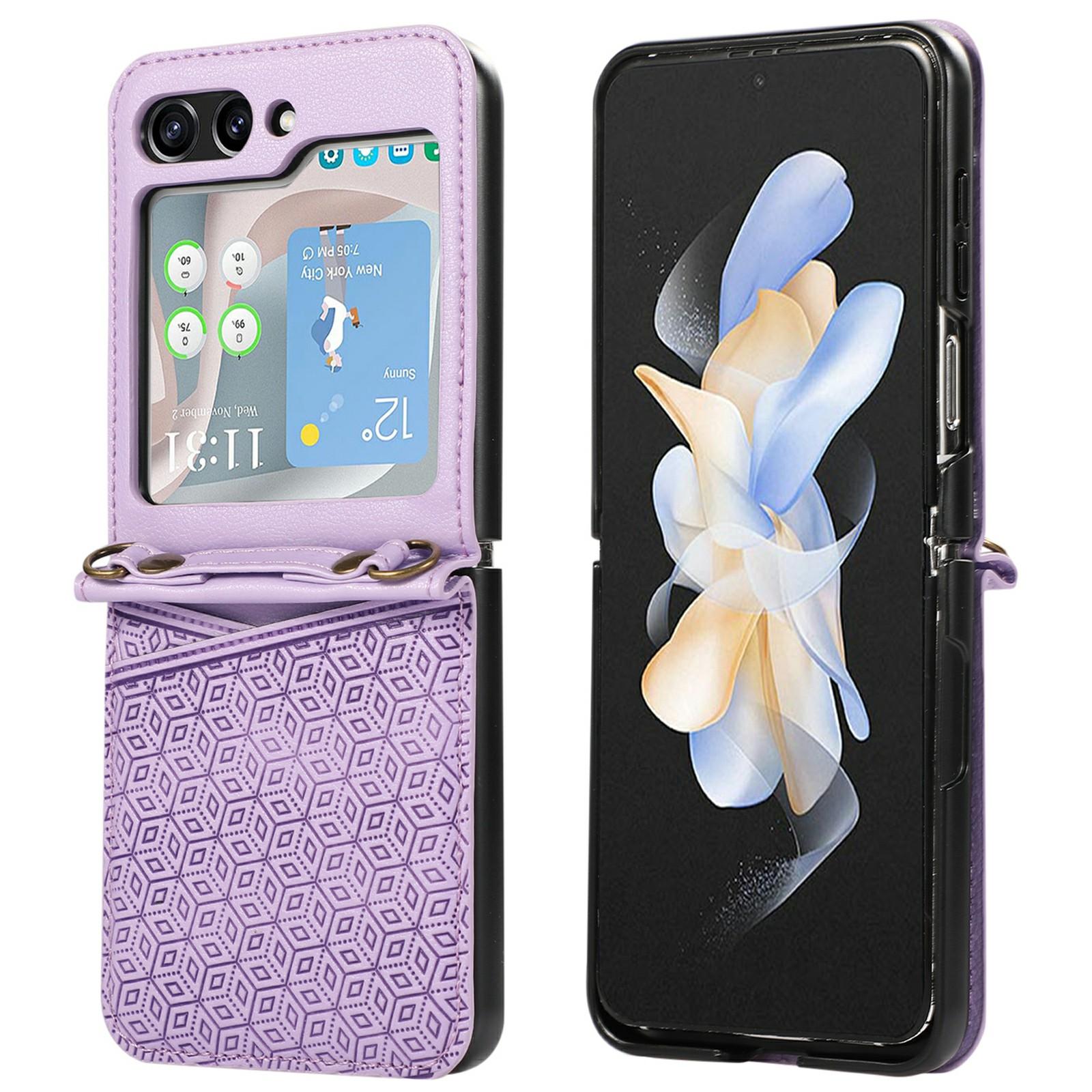 

For Samsung Galaxy Z Flip7 5G Case Imprinted Rhombus Leather Phone Cover with Card Slots Purple