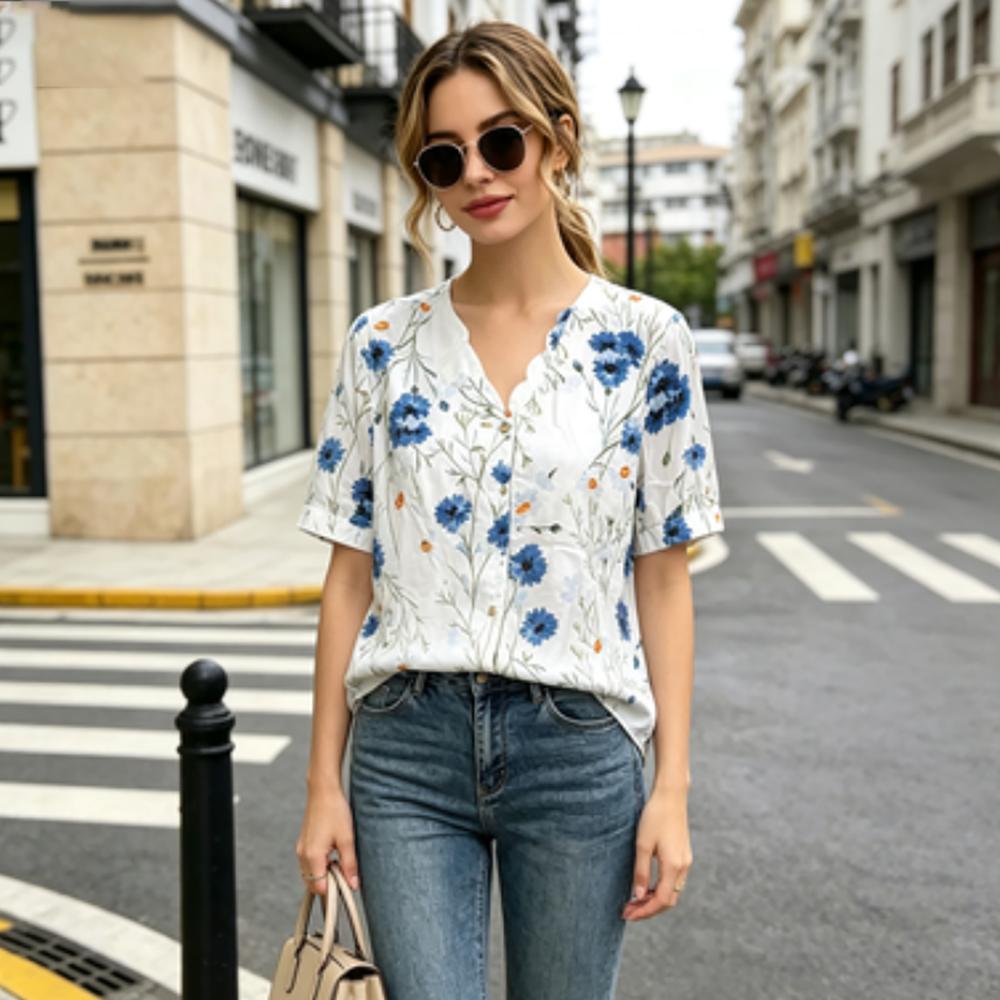 

Women s Blue Floral Print Short Sleeve Button Down Shirt, Casual V-Neck Loose Blouse for Summer, Breathable Lightweight Top for Daily Wear & Vacation S бездна/белый